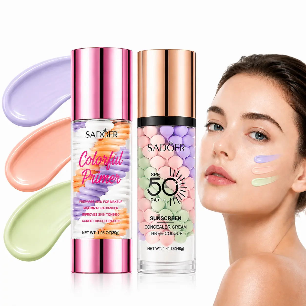 2pcs 3-in-1 Liquid Foundation Primer Concealer, SPF50 Tinted Moisturizer with Color Correction - 1-Step Skin Tone Corrector, Blemish Coverage, Brightening & Radiance Boost, Quick Makeup for Students & Office Workers