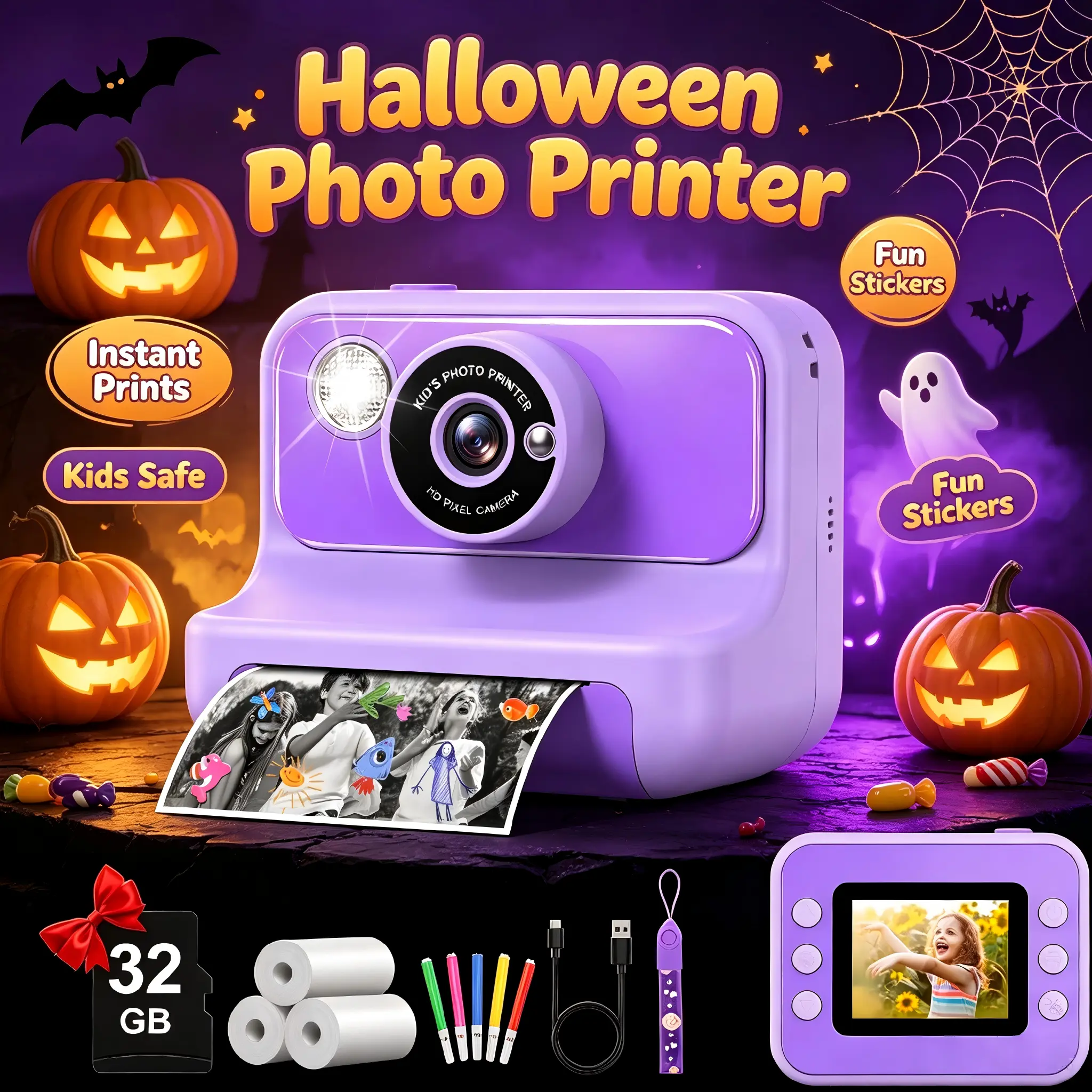 [Halloween Gifts]Gofunly Kids Instant Print Digital Camera - 1080P HD Video Digital Camera with 32G Card, Flashlight, MP3 Player, Photography Toy for 3-12 Years Old, Birthday Gift for Boys & Girls, Rechargeable, Children's Day