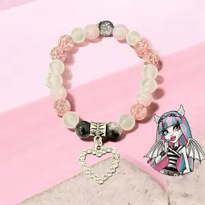 Pink Monster High Rochelle Beaded Charm Bracelet with Heart Charm - 1-Size Stretchy Adjustable Bangle, Fashionable Jewelry Accessory