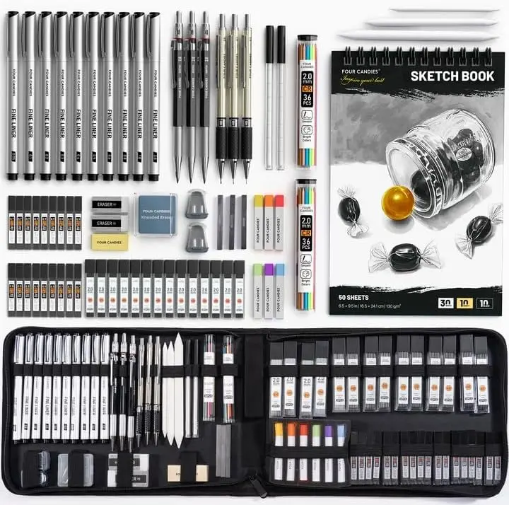Four Candies 73/52PCS Advanced Art Supplies Drawing Kit with Fineliner Pens, Mechanical Pencils, 3-Color Sketchbook, Charcoal Sticks,Pastels for Sketching Drawing Comics Gifts for Professionals Artists