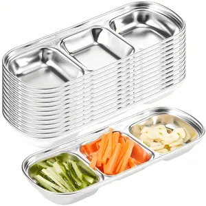 12 Pieces Stainless Steel Dip Bowl, 3 Compartments Separate BBQ, Condiments, Spice Plate - Food Contact Safe, Suitable For Tomato Sauce, Salt, Sugar, Vinegar - Perfect For Home & Restaurant Use, Dipping Sauce Plate
