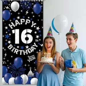 2D Flat Door Banner 1pc, Happy 16th Birthday Decoration, Fabric Party Yard Sign Photo Prop, Blue Theme Indoor Outdoor Pull Flag Banner