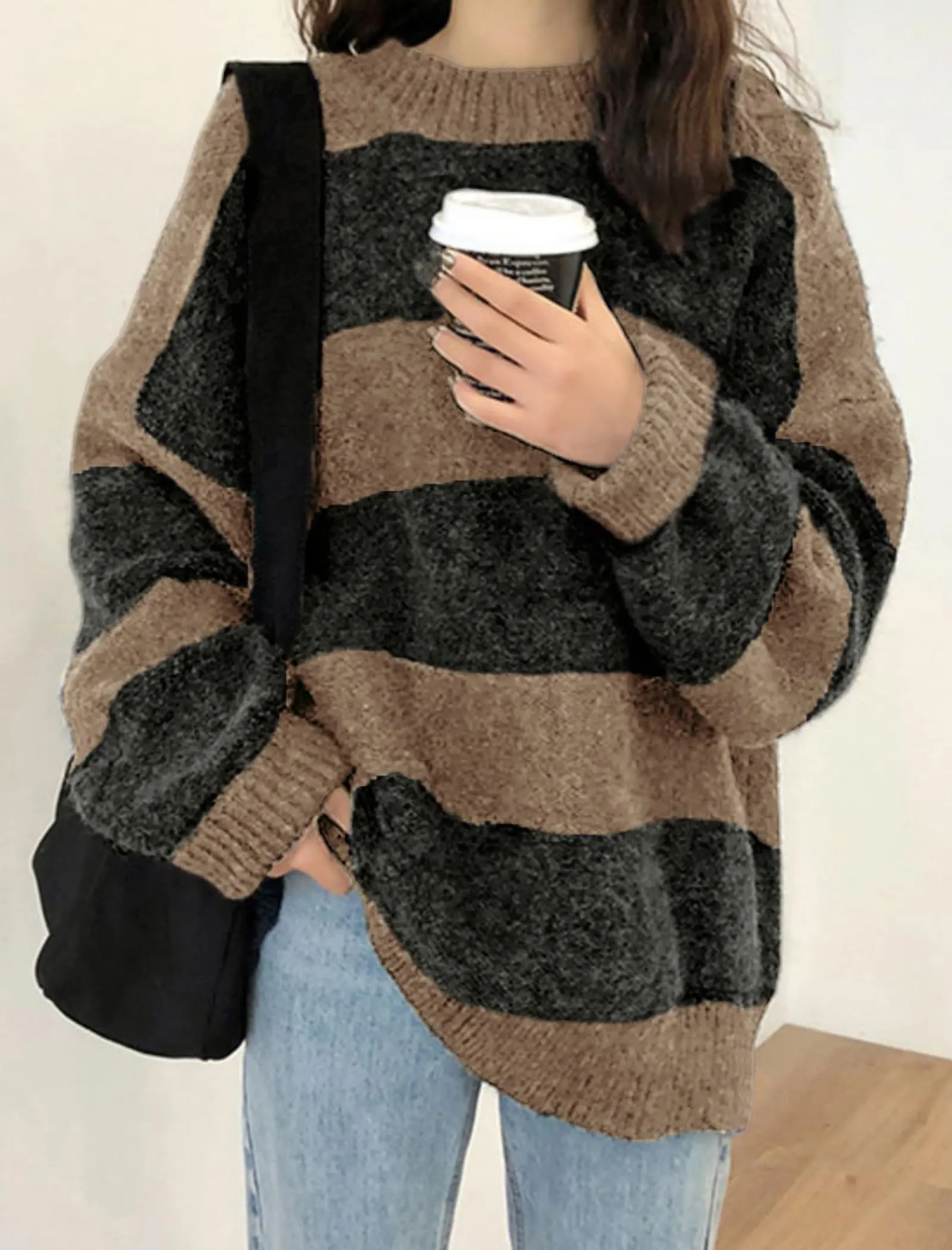 EMMIOL Women's Oversized Striped Sweaters 2026 Spring Trendy Long Sleeve Knit Outfits Crewneck Fashion Pullover Tops