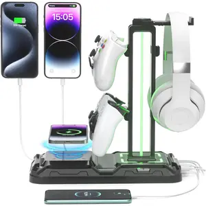 GJ     P-CPS019    Headphone & Controller Stand with Wireless Charging - Rotatable Headset Stand with 9 Light Modes - Controller Holder with 2 USB and Type C Ports - for Gamers Desktop Accessories
