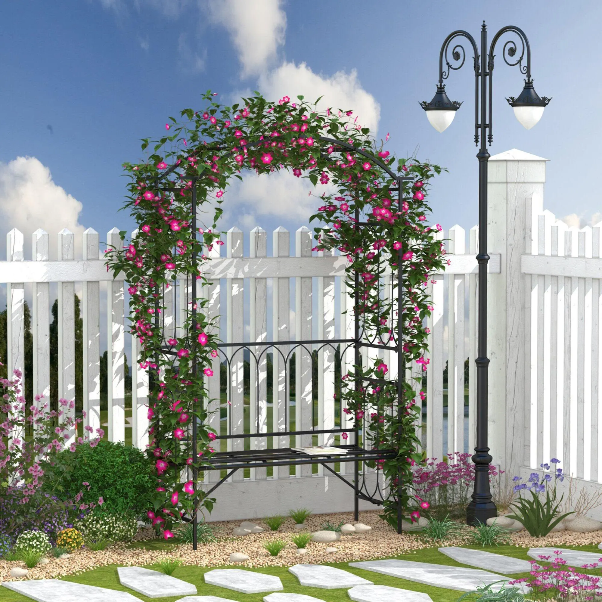 Outdoor Metal Garden Arbor Bench Arch Trellis with Hanging Planter Tubes for Backyard Relaxation and Plant Support
