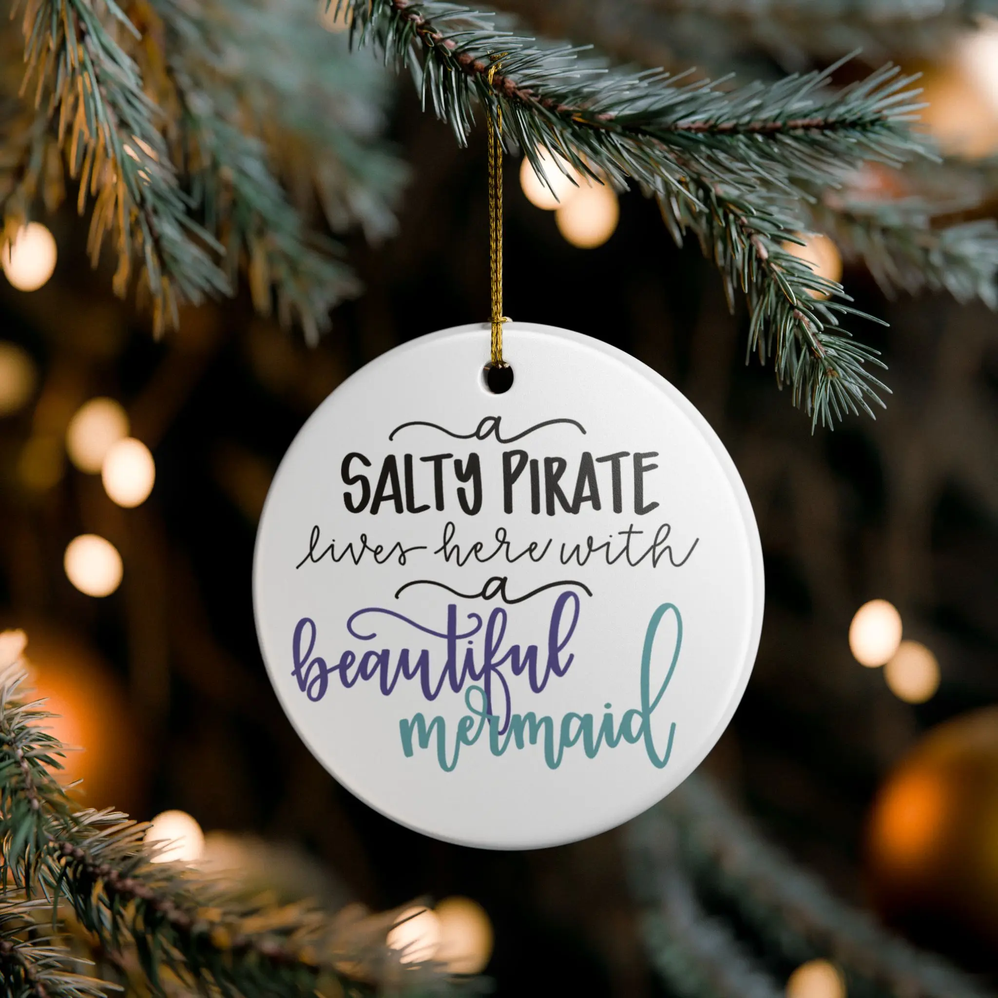 Salty Pirate And Beautiful Mermaid Ceramic Ornament