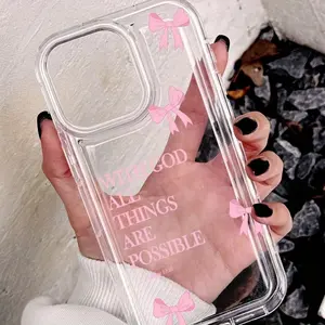 Pink Bow Letter Pattern Transparent Air Cushion Protector for iPhone 11, 12, 13, 14, 15, 16, XS, XR, X, 7, 8, 12, 13 Mini, Plus, Pro, Max, SE Series - Perfect Gift for Girlfriend, Boyfriend