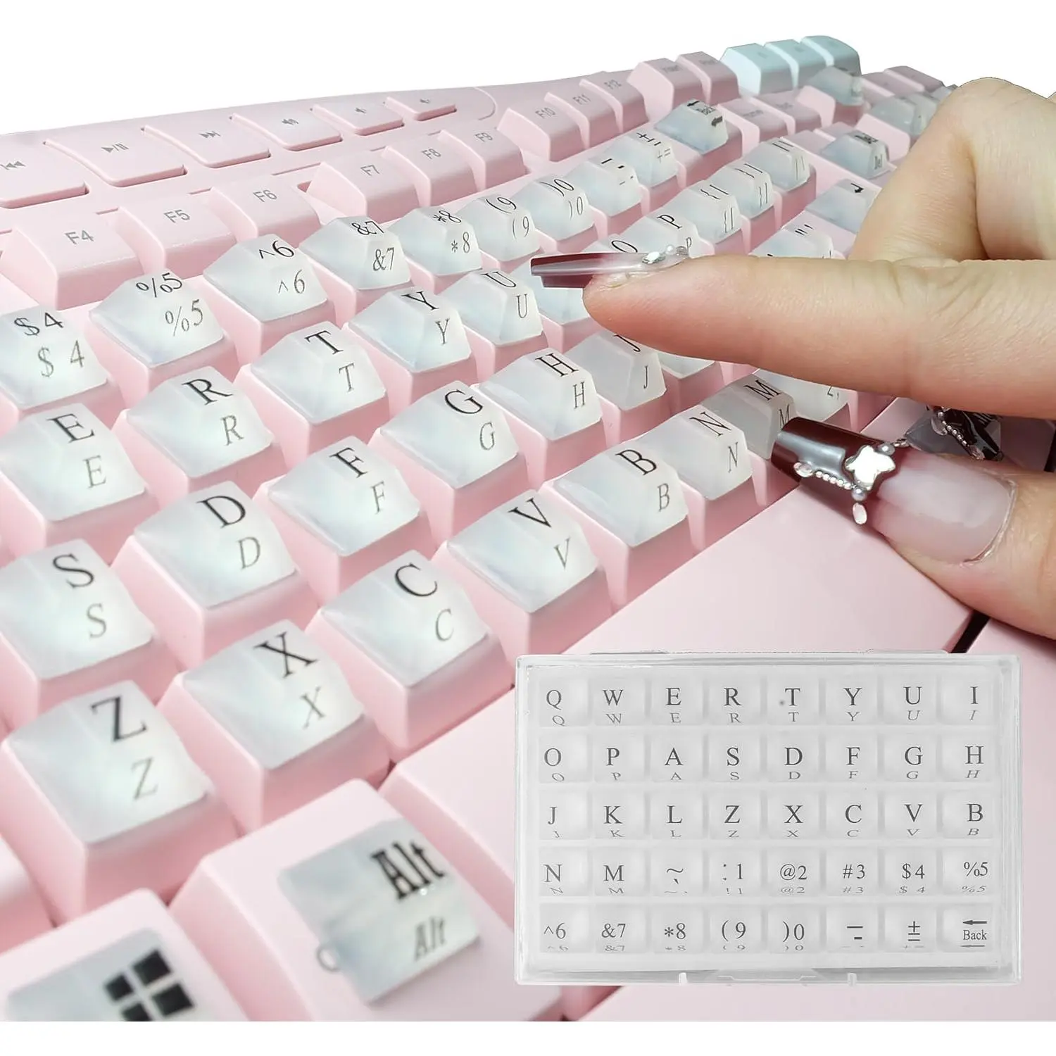 L-KBB001 80 Pcs Soft Nail-Safe Illuminated Keyboard Stickers - Symbolic and Alphanumeric Silicone Sticky for Long Nails Typing, Gaming, Windows/Macs, Translucent, Includes Manual, Restores Speed, Sparkly Pink, Symbolic And Alphanumeric Sticky, Illuminated