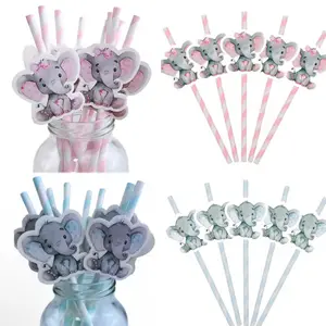 Eco-Friendly & Blue Elephant Paper Wrapped Straws, Perfect for Baby Showers, Gender Reveals, Birthdays, Set of 10, Party Supplies