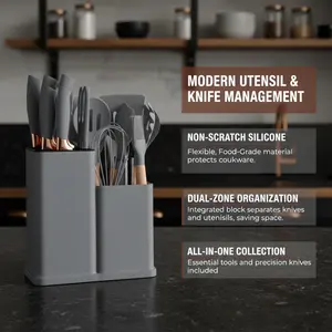 Professional 19-Piece Kitchen Knife Set, including chef's knife, paring knife, and scissors. Forged from high-carbon stainless steel for excellent sharpness, and equipped with non-slip grip handles. Suitable for everyday use in home kitchens.