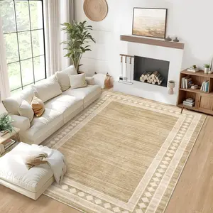 GARVEE Large Area Rug 9x12 - Modern Bordered Accent Carpet, Non-Slip Low Pile Indoor Floor Mat, Foldable, Non-Shedding, Ideal for Living Room, Dining Room, Office in Linen Color