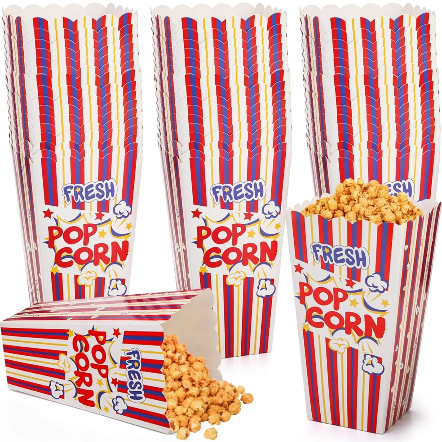 100 Packs Popcorn Box, 46 Oz Open Top Popcorn Bucket Containers, Bulk Colorful Stripe Square Popcorn Bowls for Party, Disposable Paper  Snack Box for Movie Night Decorations