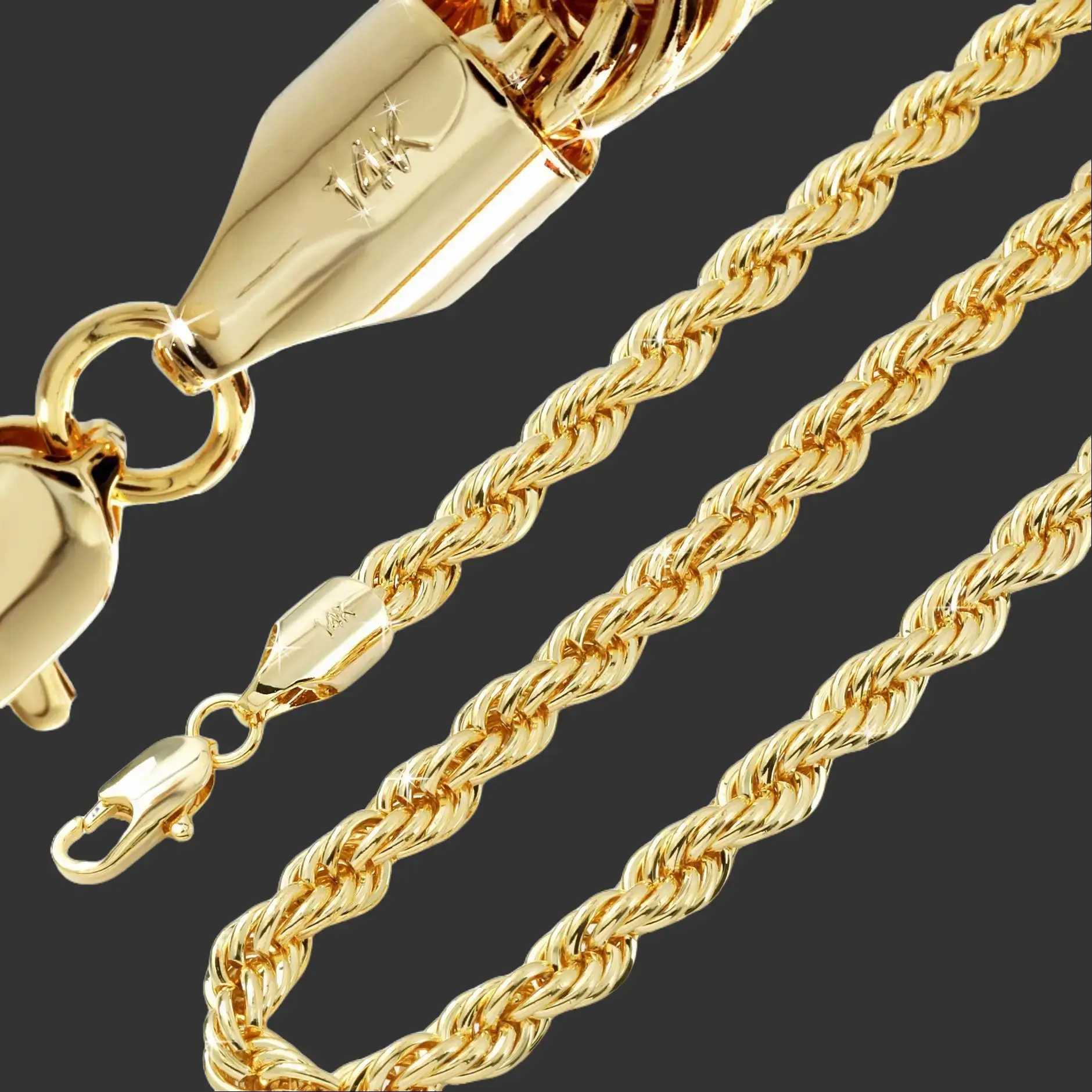 BLINGKINGSTAR - 14K Stamped Gold-Plated Brass Rope Chain Necklace - 20"In, 24"In & 30" Inch - 3mm,4mm,5mm,6mm Sizes, Premium Hip Hop Bling Men's Jewelry Women's Accessory for Daily Wear, Unisex Fashion Piece For Boys