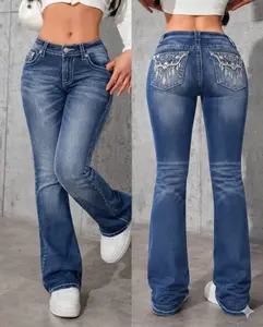 Stretch Fit Mid Waist Flare Jeans with a Sleek Slimming Design and Beautiful Embroidered Back Pockets for a Stylish Modern Bootcut Look