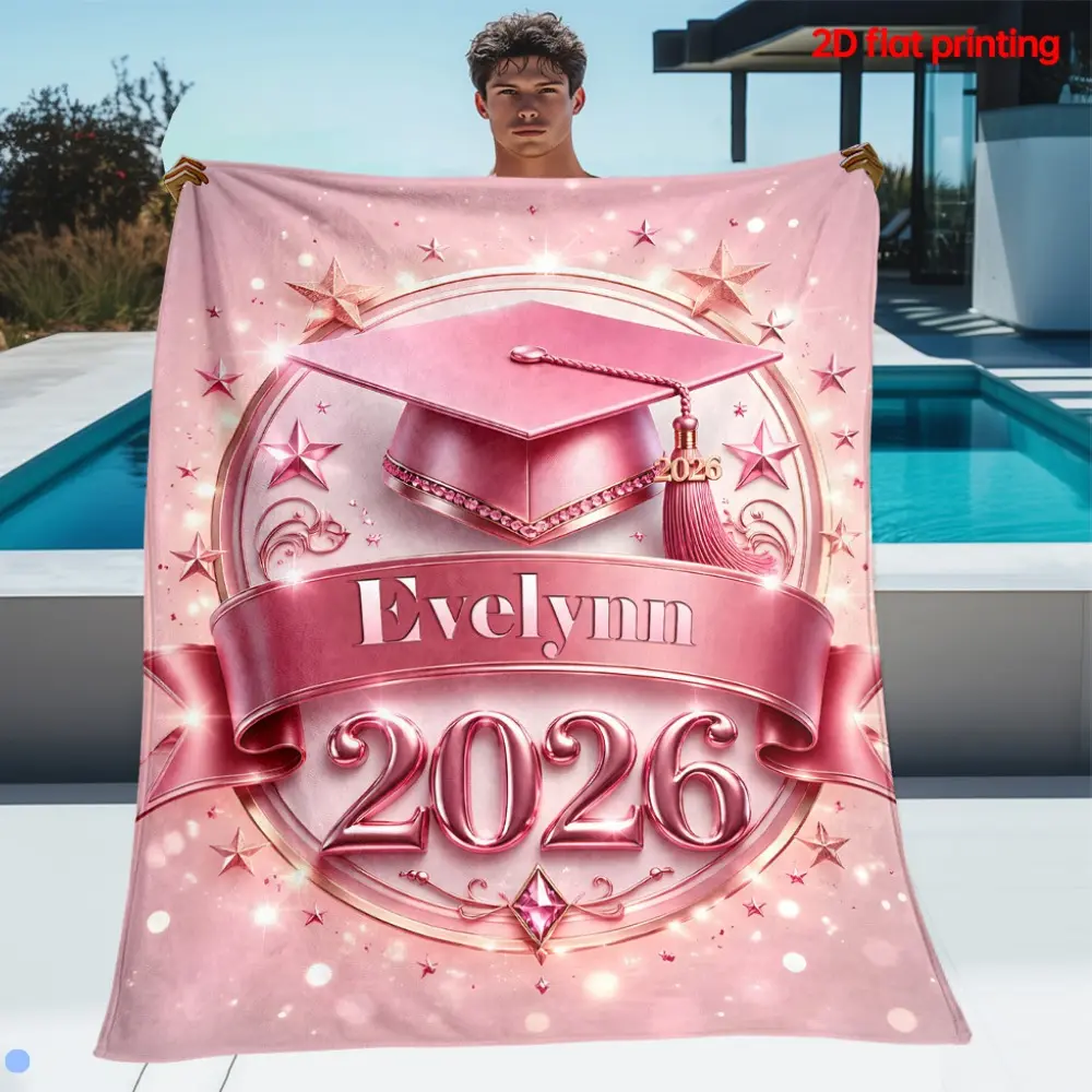 1pc 2026 Pink Graduation Graphic Custom Name Outdoor Portable Blanket - Lightweight Home Furnishings Bedding Blanket Suitable for Travel Camping Living Rooms Offices Sofas Chairs And Beds - Soft And Warm Fabric Digital Printed Blanket 2D Flat