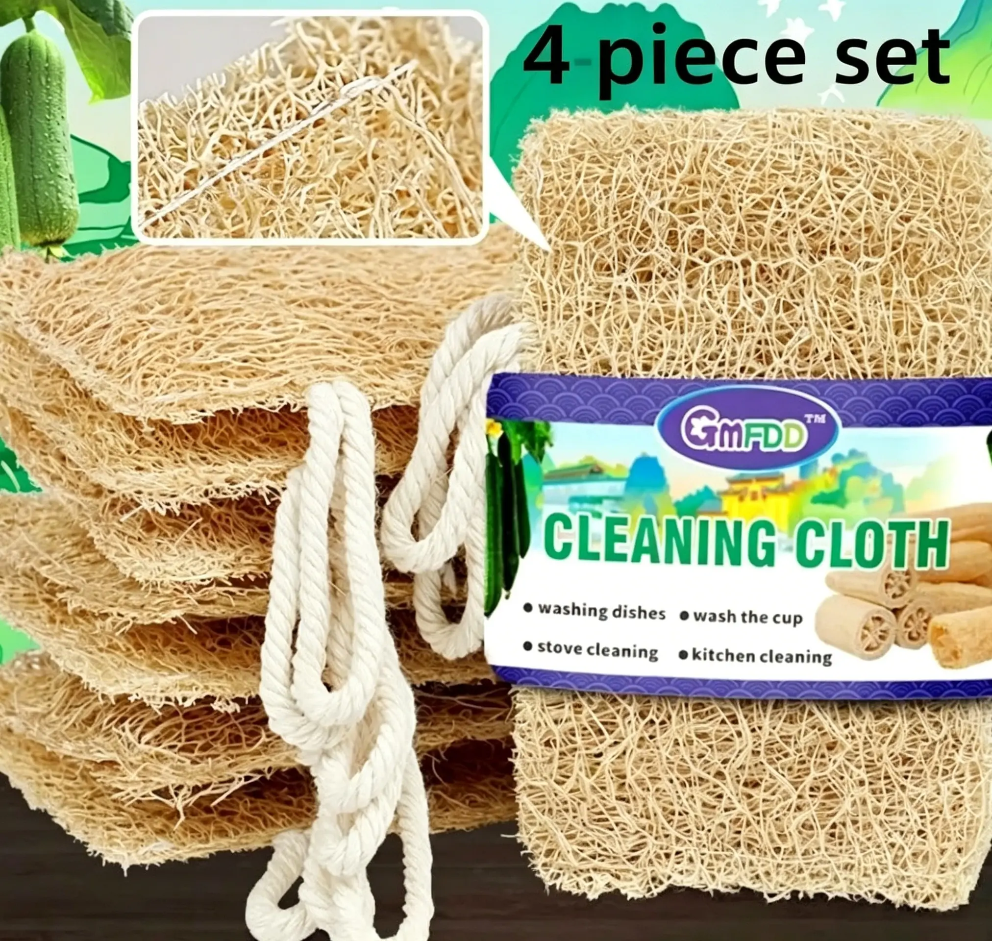 4-Piece Eco-Friendly Natural Loofah Scrubber Brush Set - Natural Fibers, Soft Texture, Scrubbing Pads for Scratch-Safe Kitchen Dishwashing Home Care Supplies