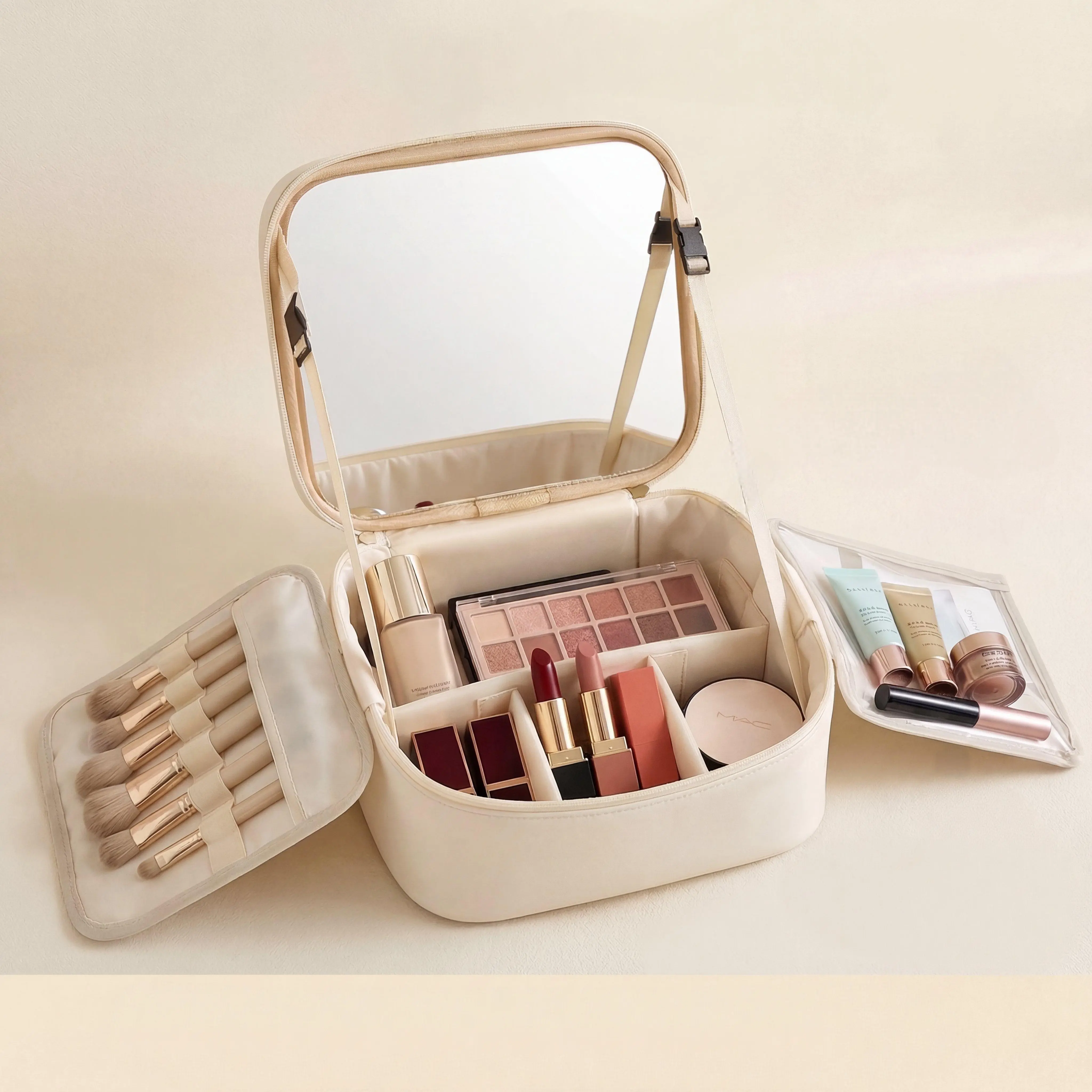 Pink Travel Beauty Bag, Large-Capacity Portable Cosmetics Bag with Adjustable Shockproof Dividers, Velcro Organization, Mirror & Brush Holder, Makeup Products, Large Cap, Cosmetic Bags, Travel Makeup Bags Organizers