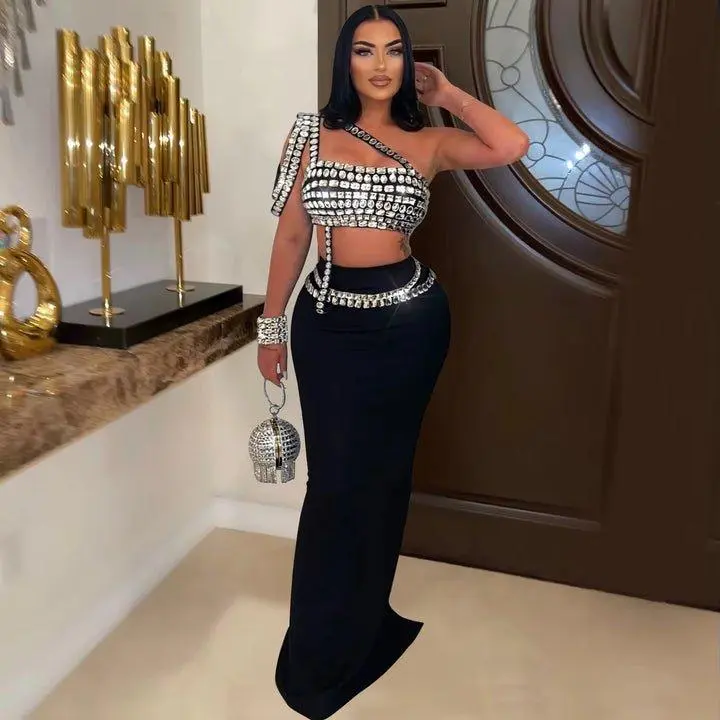 2 piece one shoulder rhinestone black skirt summer outfit Womenswear Clothes