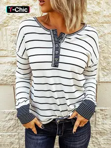 HOTAPEI Autumn Winter Home Commute Knit Polyester Striped Button Casual Tight Round Neck Long Sleeve Half Open Pullover Sweater Knitwear