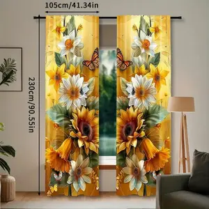 Sunflower Print Curtains Set of Two, Modern Style, 100% Polyester, Lightweight, Home Decoration Curtain, Perfect for Living Room, Gift for Loved Ones
