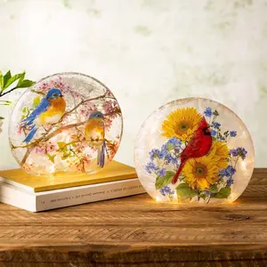 Lighted Bluebirds on Redbud Branches Crackled Glass Tabletop Art