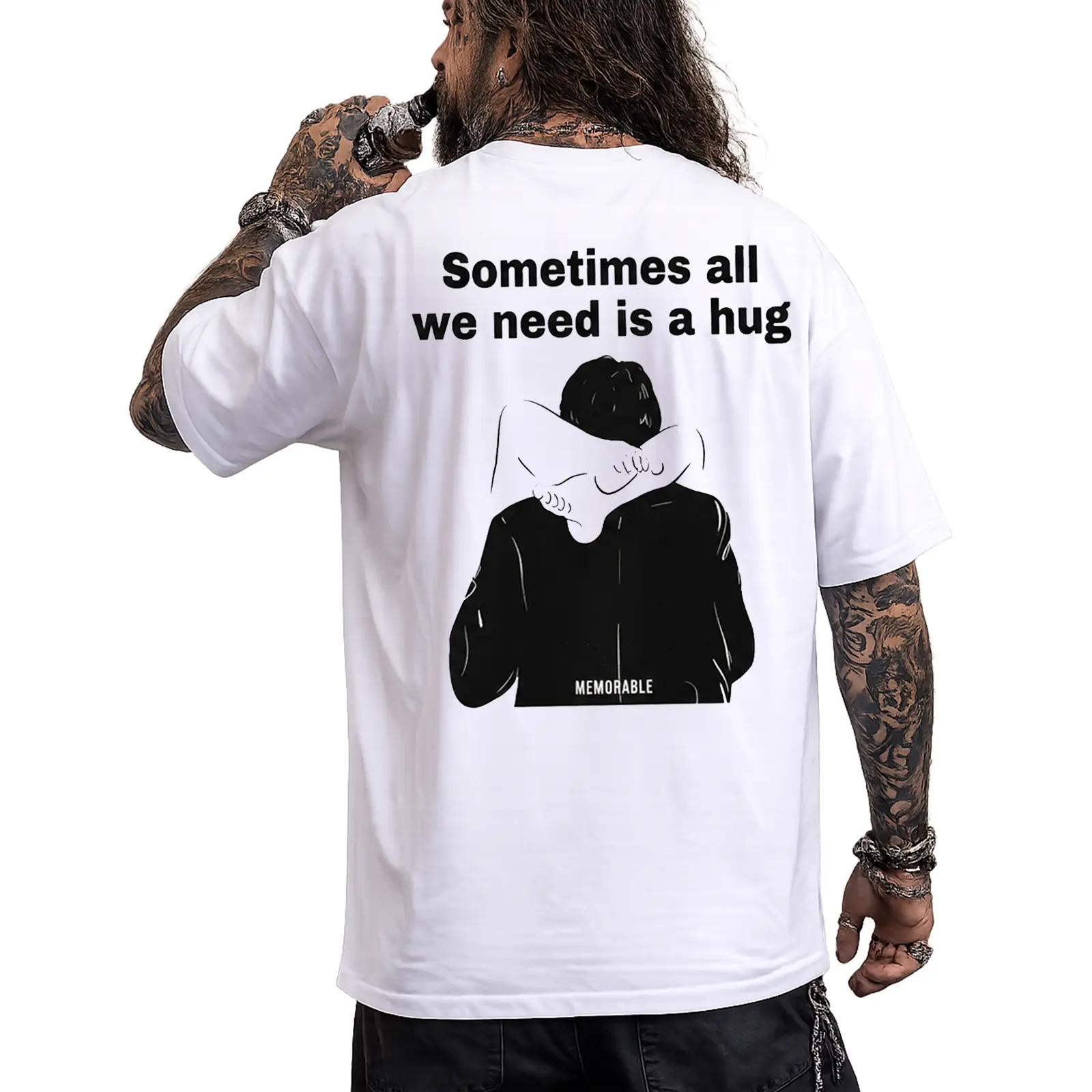 Round Neck Short-Sleeve Sports Top, Ring-Spun Cotton Soft-Washed Tee with High Contrast "Sometimes All We Need Is a Hug" Heat Print, Trendy Cold Wash Apparel, Perfect Gift