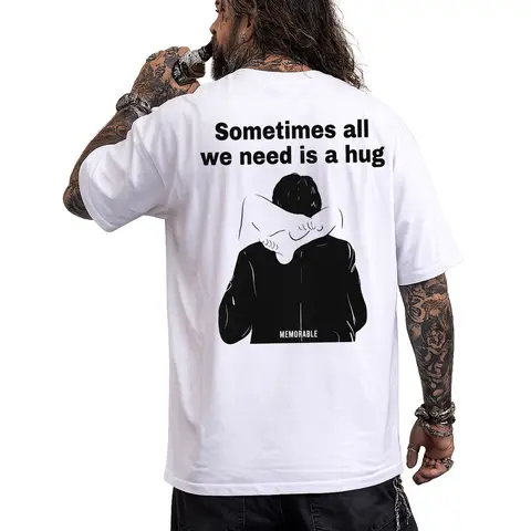 Men's Cotton Crew Neck Short-Sleeve Relaxed Fit Graphic T-Shirt - Gentle Wash, 'Sometimes All We Need Is a Hug' Print, Cloud-Soft Vintage Gym Top, Breathable Natural Fabric, Casual Gift, Multi-Size Range