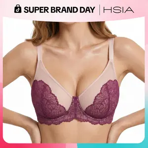 HSIA Blossom Unlined Vibrant Colors Plus Size Comfort Lace Sheer Mesh Full Coverage Underwire Non-Padded Bra Women Minimizer Bra