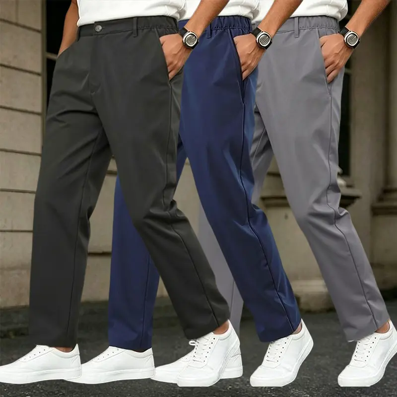 Men’s 3-Pack Lightweight Polyester-Elastic Pants - Elastic Waistband, Straight Cut, Expandable, Boot-Friendly, Button-Accented, Comfy Spring/Summer Business Casual Office Commute Trousers, Men’s Clothes
