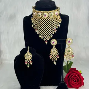 Beautiful Gold Plated Necklace with Earrings and Tikka Set - Elegant Design with Colorful Accents