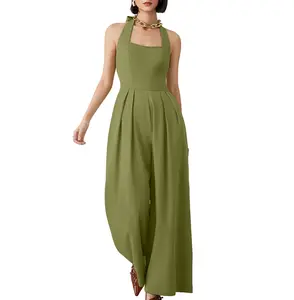 HYZ Casual Sleeveless Halter One Pieces Outfits  High Waist Wide Leg Jumpsuits Womenswear Elastic