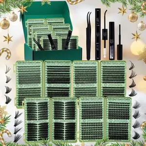 LASHSUN Christmas Gift Box, 2304PCS Individual Lashes Cluster 14 Styles Mixed 10-16mm Cat/Wispy/Volume Lashes Kit with Bond&Seal Lash Remover Tweezers, Perfect for Beginners & Proficient, DIY at Home Easily, Soft Comfortable Easy Apply For Makeup Daily