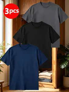 Slim Fit White and Black and Deep Navy Blue and Nardo Grey and red  Tees Crewneck (3 Pack)