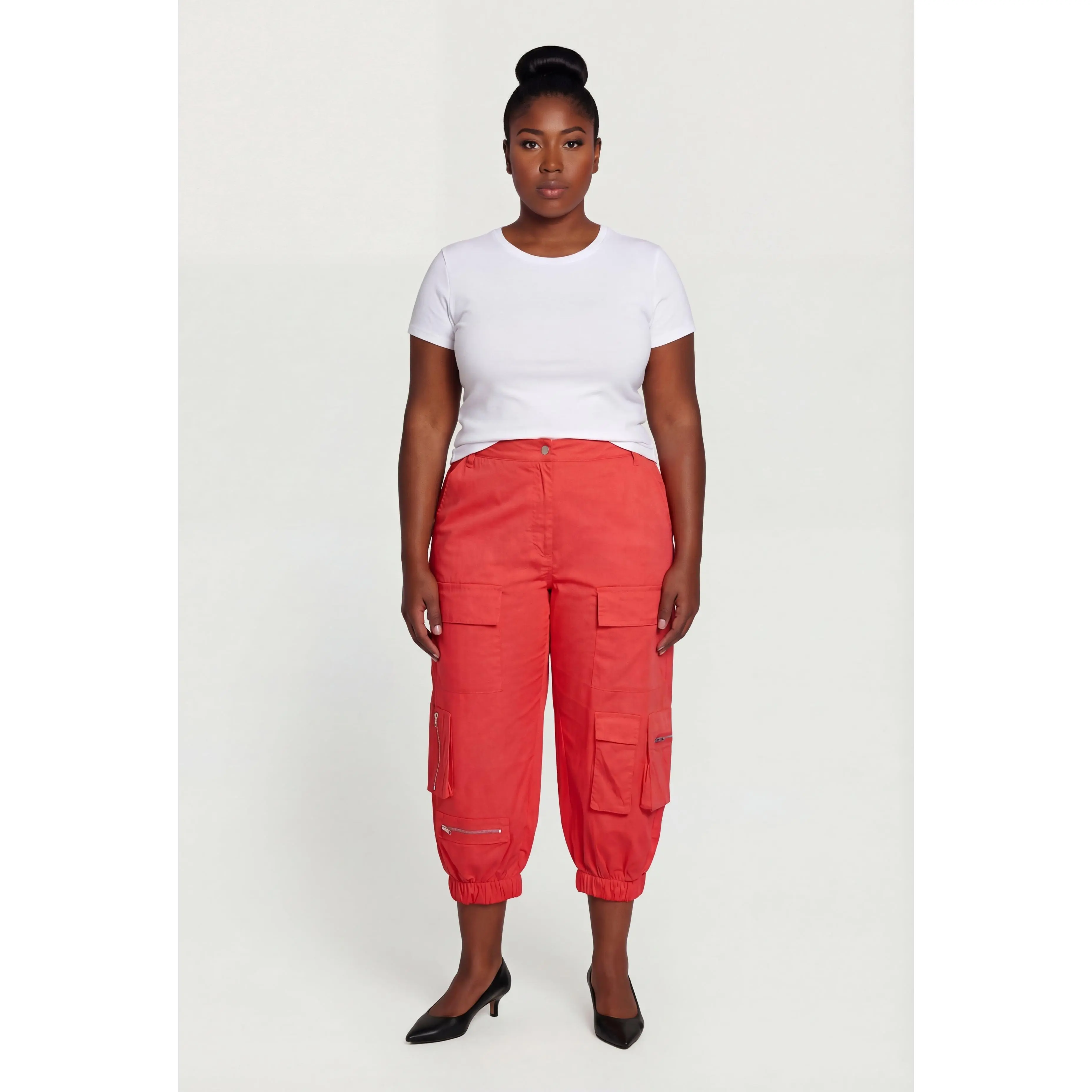 Plus Size High Waisted Cargo Capris with Zip Pockets