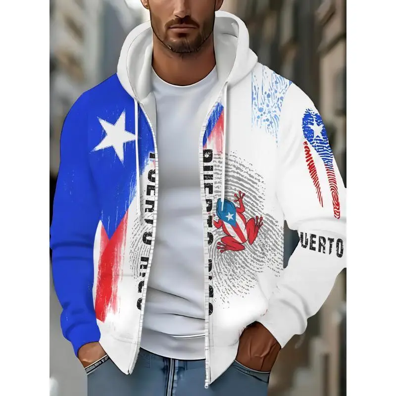 Men's Puerto Rico Flag Pattern Hoodie - Casual Long Sleeve Zip-Up Sweatshirt with Drawstring and Pockets, Made of Polyester, Perfect for Autumn and Winter Outdoor Activities Men's Pullover