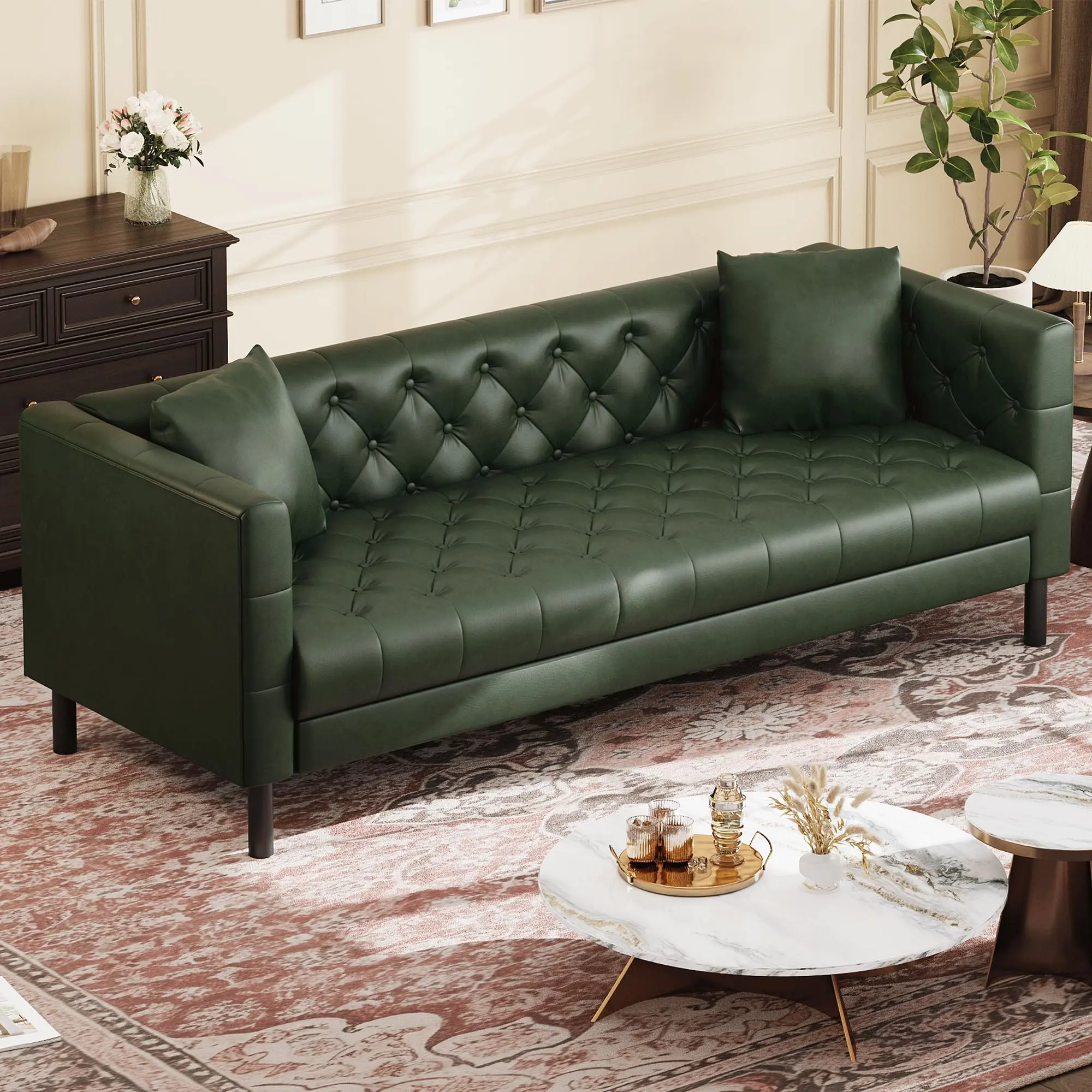 Garvee 81 Inch Mid-Century Modern Chesterfield Leather Sofa with Deep Seats, Button Tufted Design, 3 Seater Couch with 2 Pillows, Green, Ideal for Living Room, Apartment, or Office