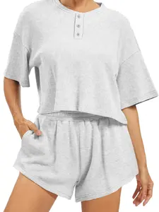 Women's Loose Fit Casual Waffle Knit Set, Short Sleeve Sporty Top & High-Waisted Shorts, 2-Piece for Daily Wear, Everyday, Travel, Home