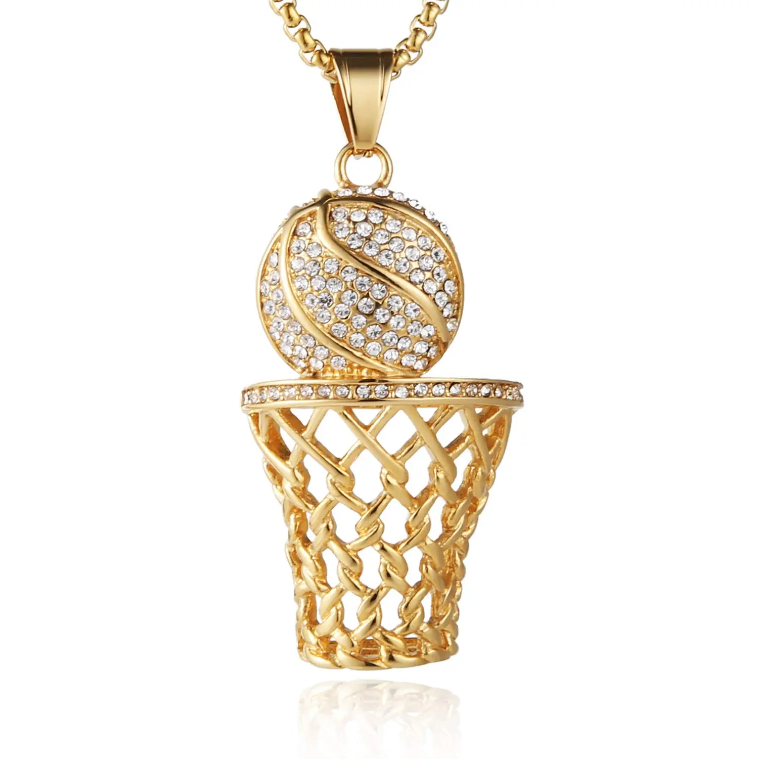 HZMAN Basketball Hoop Necklace for Men Stainless Steel 18K Gold Plated Cubic Zirconia Basketball Rim Sports Pendant Jewelry Gift (Gold)