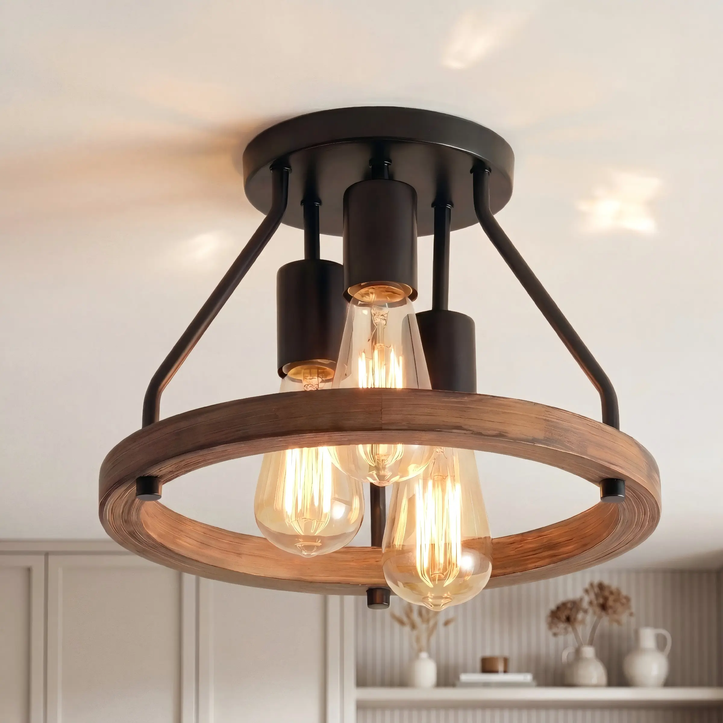 Rustic Vintage Farmhouse Flush Mount Ceiling Light, Home Ceiling Lighting, Industrial Metal Semi-Flush Mount Fixture, E26/E27 Base, for Hallway Bedroom, Metal Finish, Lighting, Bulbs Not Included