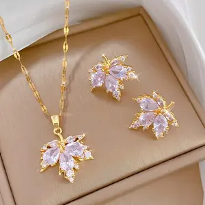 3-Piece Set Copper Inlaid Synthetic Cubic Zirconia Maple Leaf Earrings Pendant Necklace Set for Women