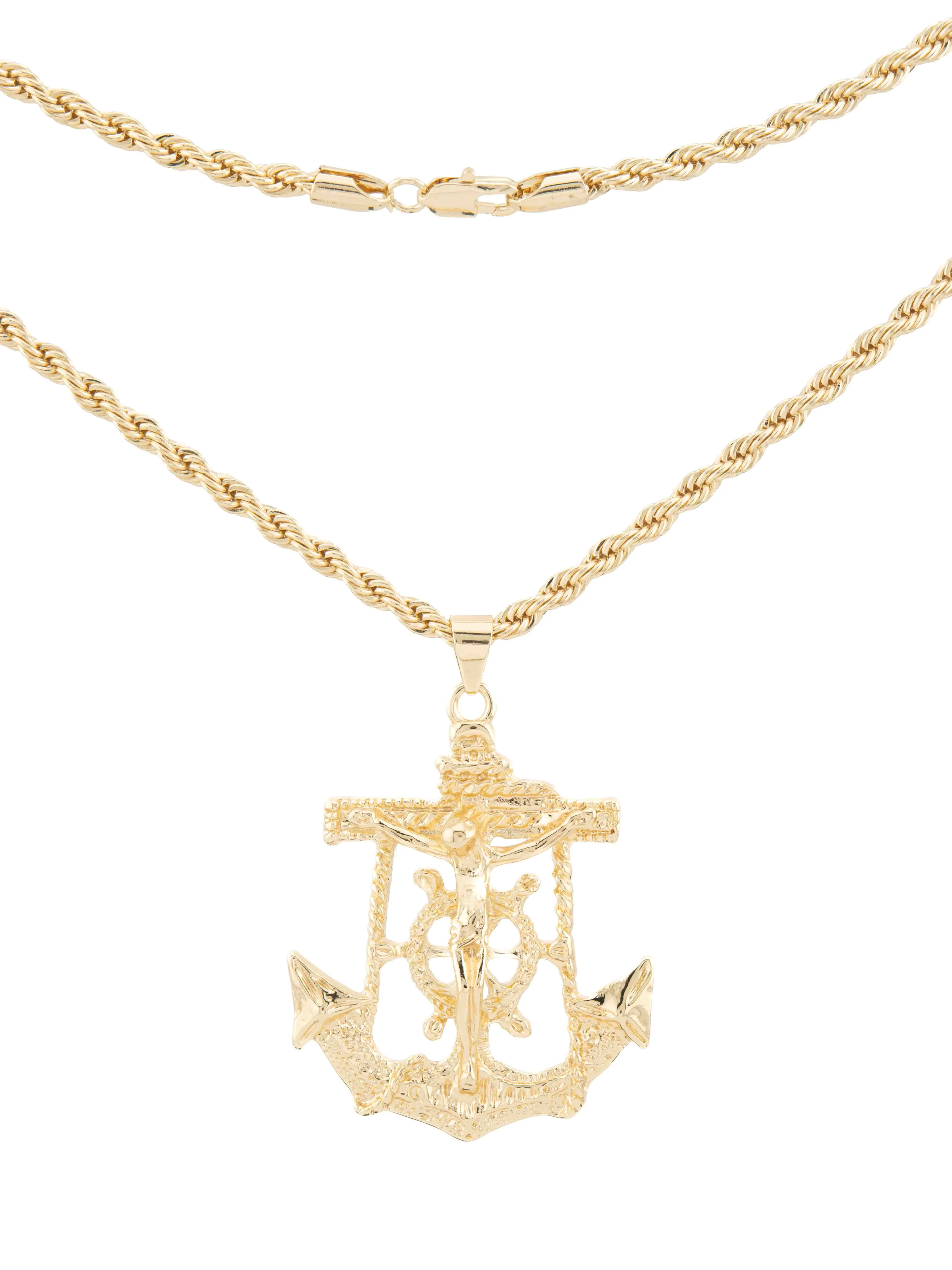 Gold Plated Jewelry Christ Anchor Pendant Necklace with 20-in or 24-in Rope or Cuban Style Chain, Fashion Accessory