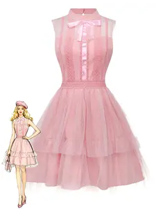 Pink 1960s Lace Trim Ribbon Bow Sleeveless Tulle Dress Birthday Dresses Prom Dress