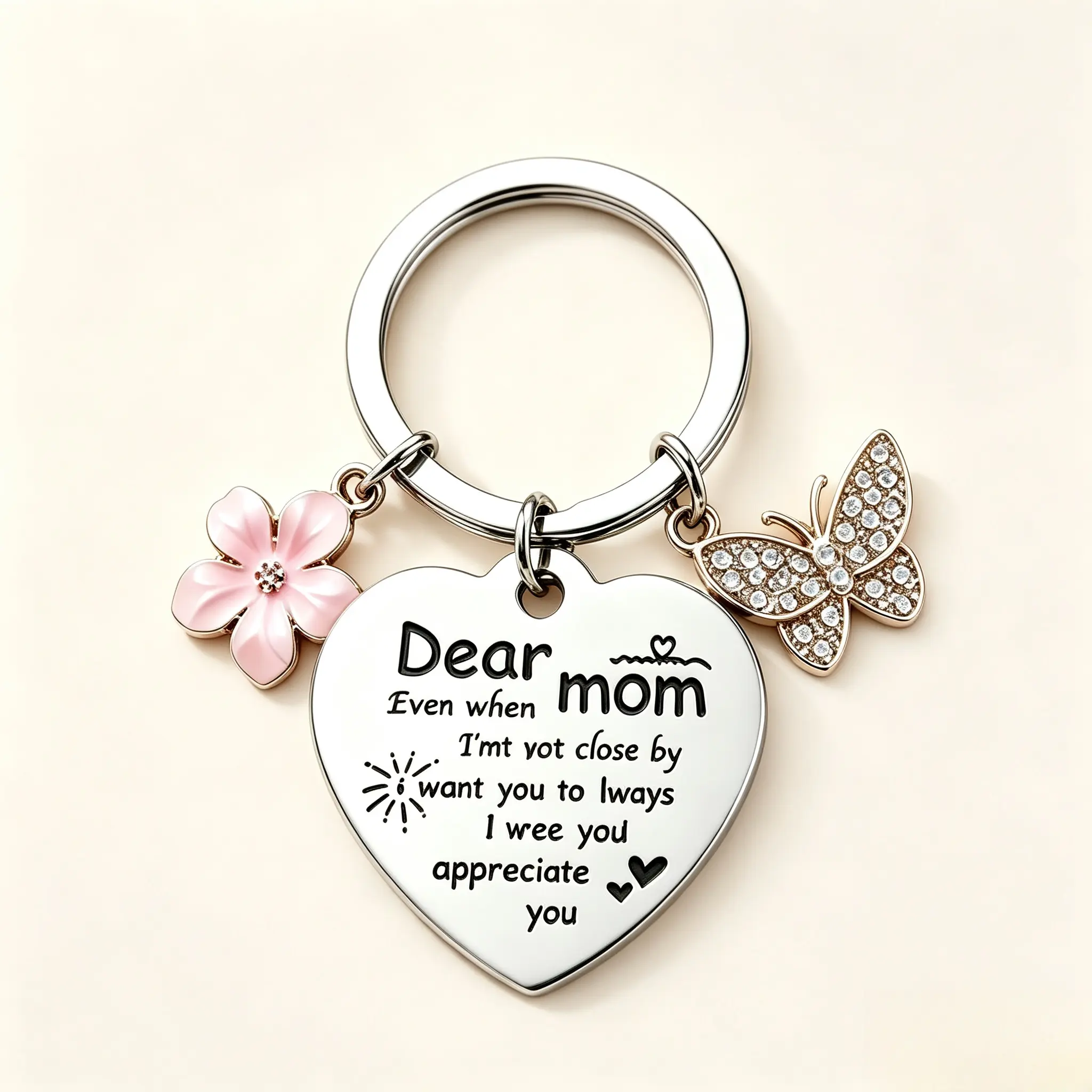 Stainless Steel Engraved Mom Keychain - Heart Pendant with Flower, Butterfly Charms, Emotional Gift for Mom from Daughter, Son