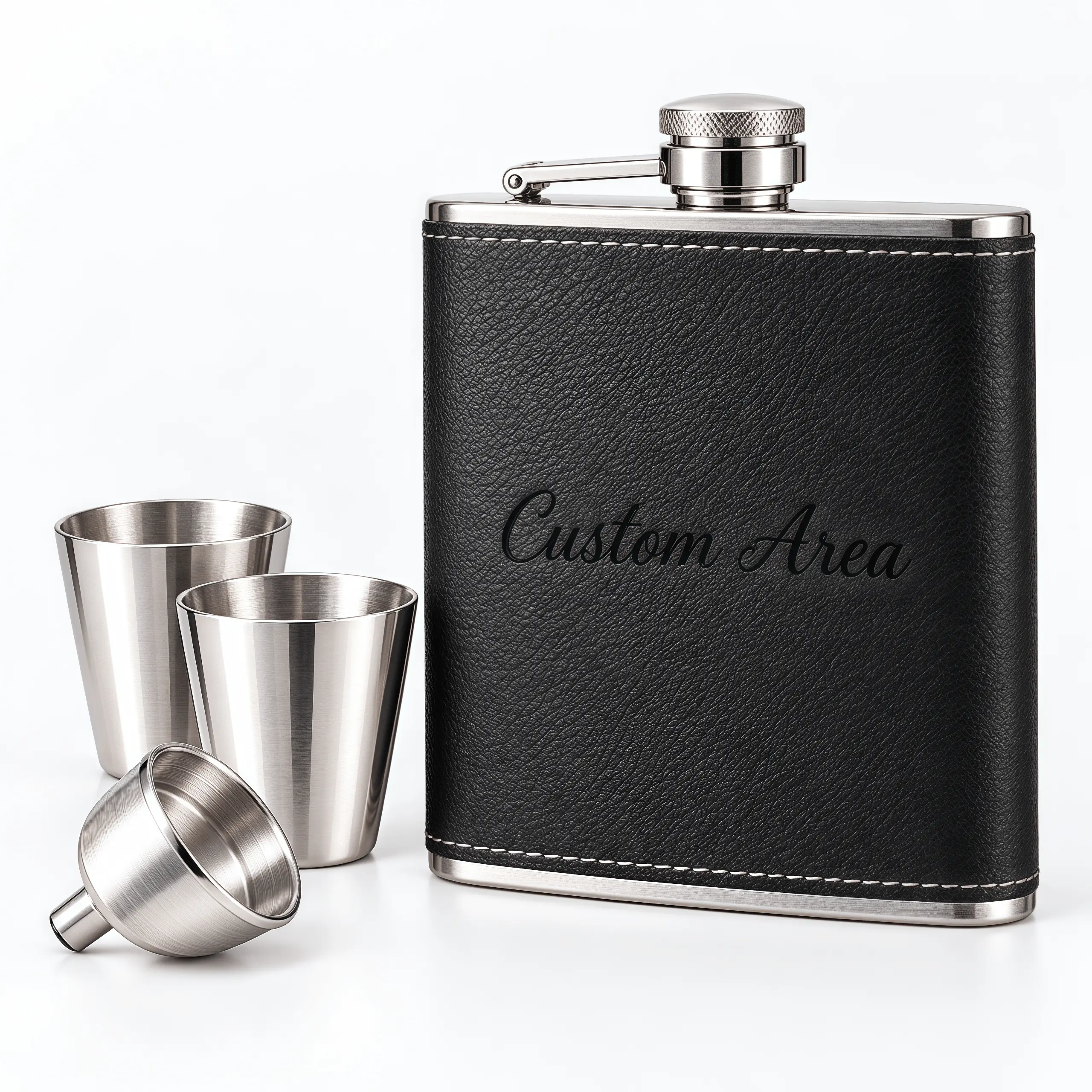 Personalized 8 oz Hip Flask Gift Set with Custom Name, 304 Stainless Steel Flask with Black PU Leather Wrap, 2 Shot Cups, Funnel and Gift Box, Portable Drinking Accessory Gift for Men, Dad, Husband and Groomsmen