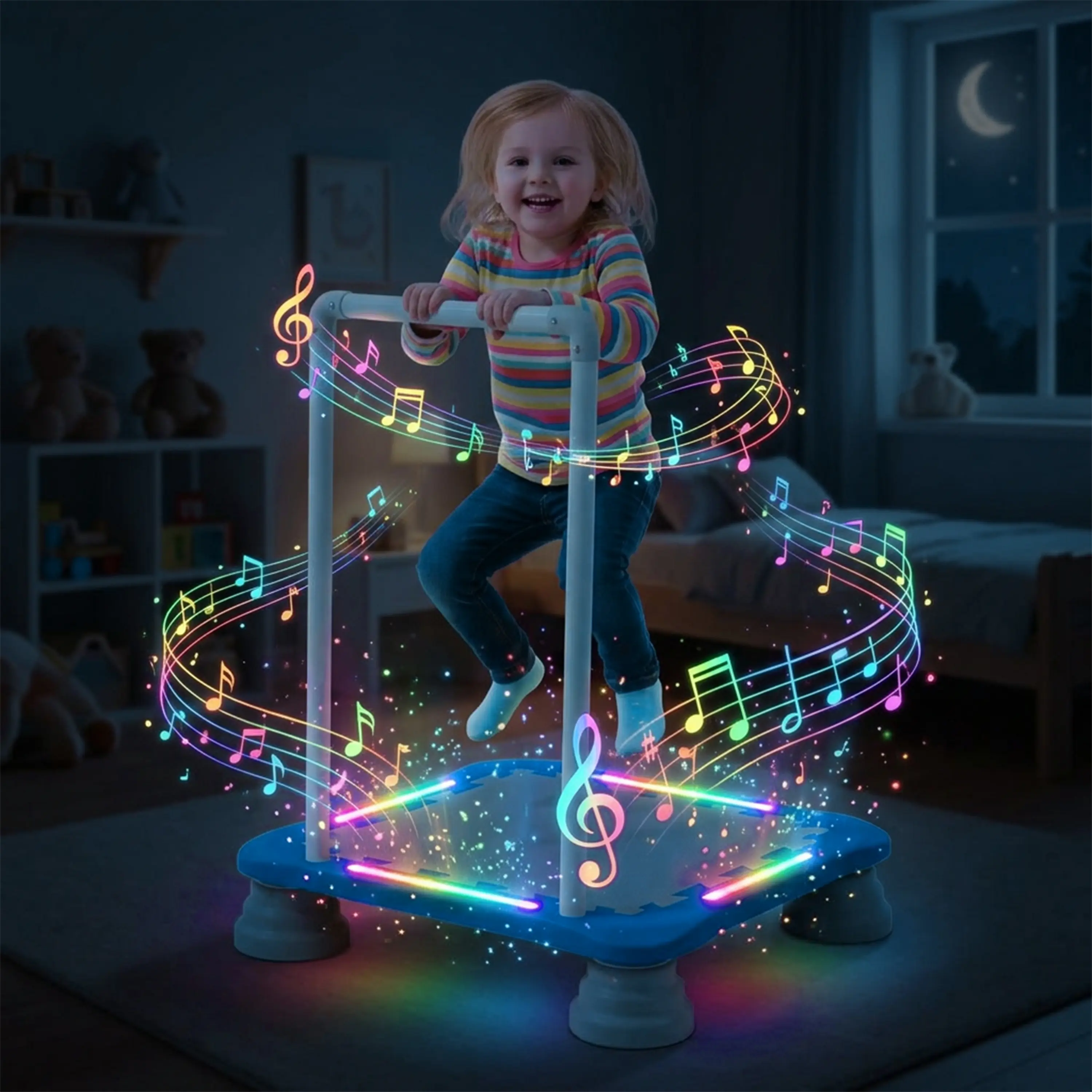 22" Kids Sensory Bounce Trampoline with Separate Light & Sound Controls, Support Handlebar, Non-Slip Base, 150 lb Capacity Perfect Halloween gifts