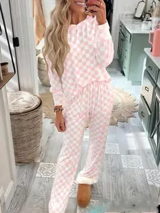 Women's Sexy Long Sleeve Pajama Set, Round Neck Plaid Two-Piece Sleepwear, Casual Fitted Home Clothing for Fall & Winter