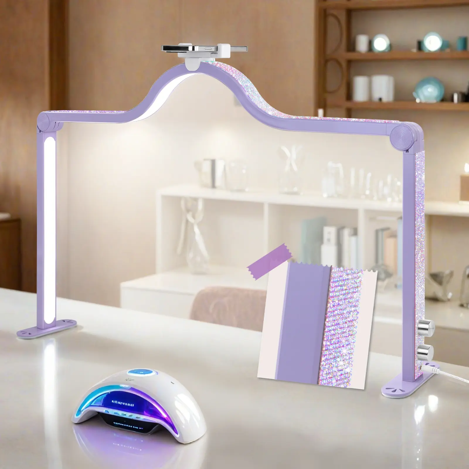 Upgraded Knob type Nail Tech Lamp for Desk, 34 in Foldable Large Nail Light with Phone Holder, 2 Modes 3000K-6000K LED Manicure Lamp, Half Moon Light for Lash Eyelash Extension, Tattoo, Eyebrows
