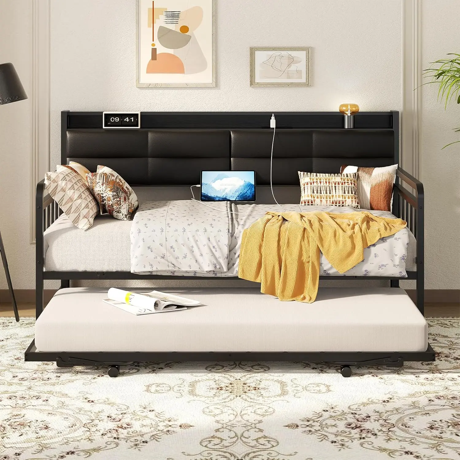 Daybed with Upholstered Headboard and Charging Station, Twin Day Bed with Trundle, Sturdy Metal Pop-up Trundle Bed for Living Room, Bedroom and Guest Furniture Luxury Home Design Modern unique  bedroom  furniture
