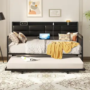 Daybed with Upholstered Headboard and Charging Station, Twin Day Bed with Trundle, Sturdy Metal Pop-up Trundle Bed for Living Room, Bedroom and Guest Furniture Luxury Home Design Modern unique  bedroom  furniture