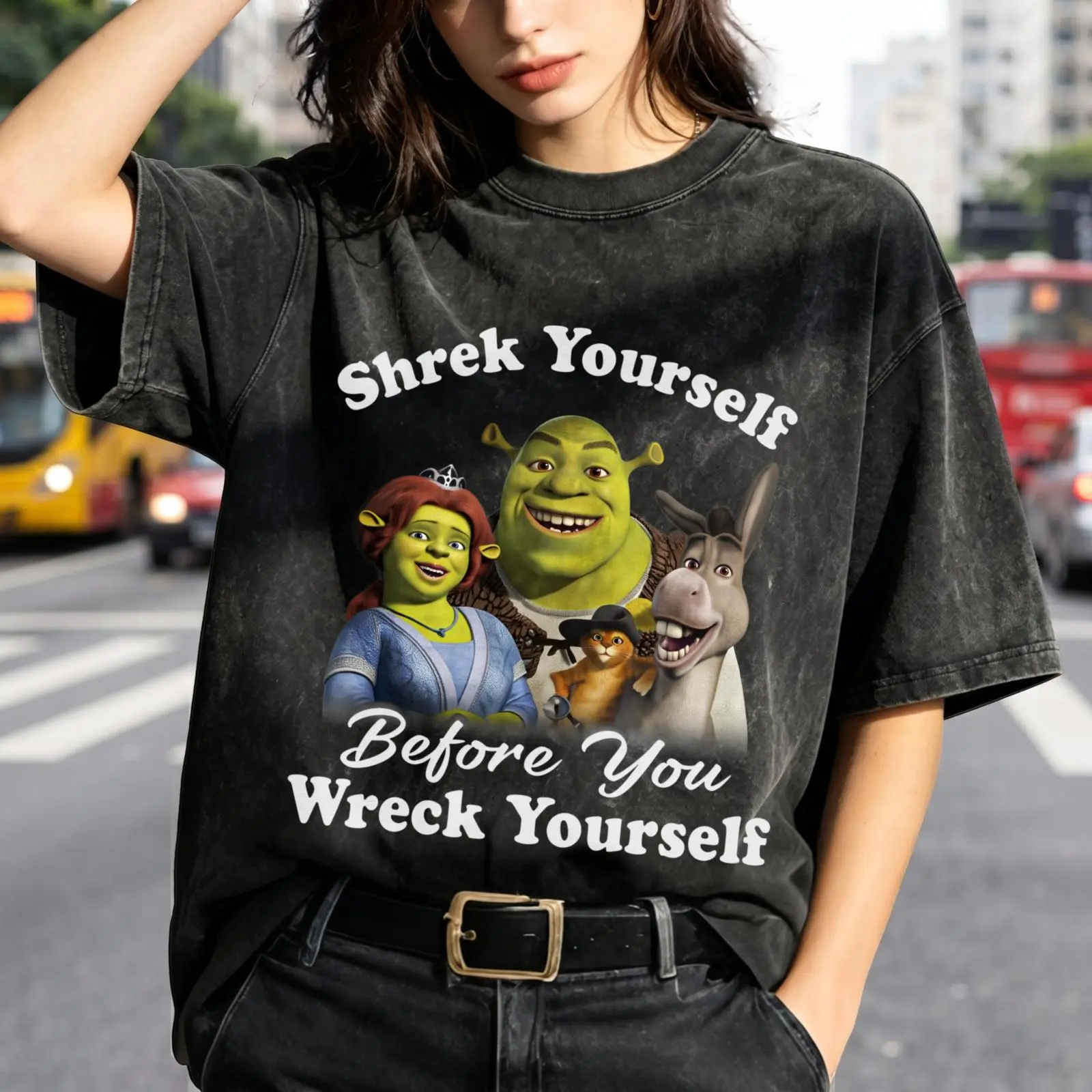 Shrek Yourself Before Women's Vintage Washed T-Shirt Shrek Yourself Before You Wreck Oversized Graphic Tee Outdoor Casual Short Sleeve